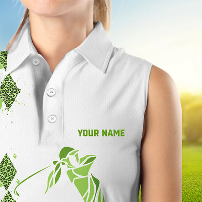 Green Leopard argyle pattern white Women sleeveless golf polo shirt custom golf tank top for women NQS9350