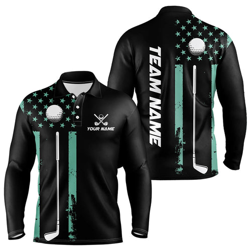 Black & Turquoise American Flag Mens golf polo shirts custom patriotic golf attire for men NQS9355