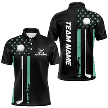 Load image into Gallery viewer, Black &amp; Turquoise American Flag Mens golf polo shirts custom patriotic golf attire for men NQS9355