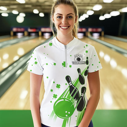 Green and White Shamrock Lucky Bowling Shirts For Women Custom St Patrick Day Team Bowling Jerseys NQS9499