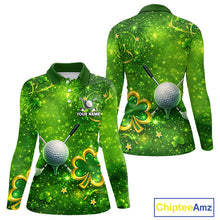 Load image into Gallery viewer, Happy St Patrick's Day Green and Gold Shamrock Womens Golf Polo Shirts Custom Golf Clothes for Ladies NQS11629
