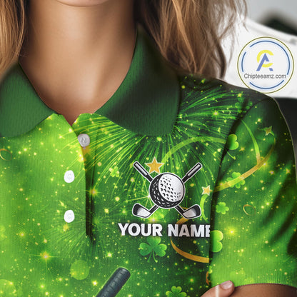 Happy St Patrick's Day Green and Gold Shamrock Womens Golf Polo Shirts Custom Golf Clothes for Ladies NQS11629