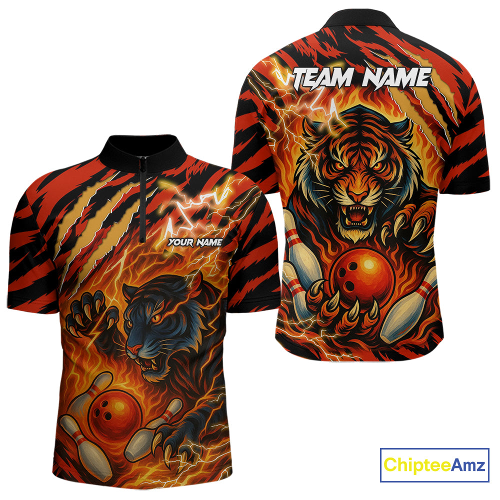 Personalized Tiger Bowling Shirts For Men, Orange Flame Lightning Thunder Tiger Team Bowling Jerseys NQS9947