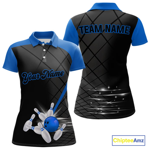 Black & blue bowling league jersey custom Women Bowling Polo, 1/4 zip Shirt, gifts for ladies bowler NQS10095