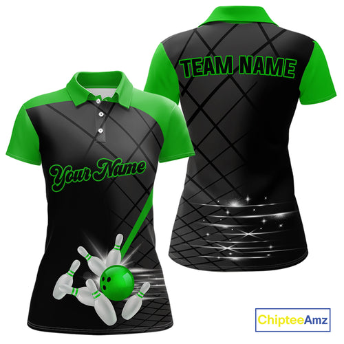 Black & Green bowling league jersey custom Women Bowling Polo, 1/4 zip Shirt, gifts for ladies bowler NQS10096