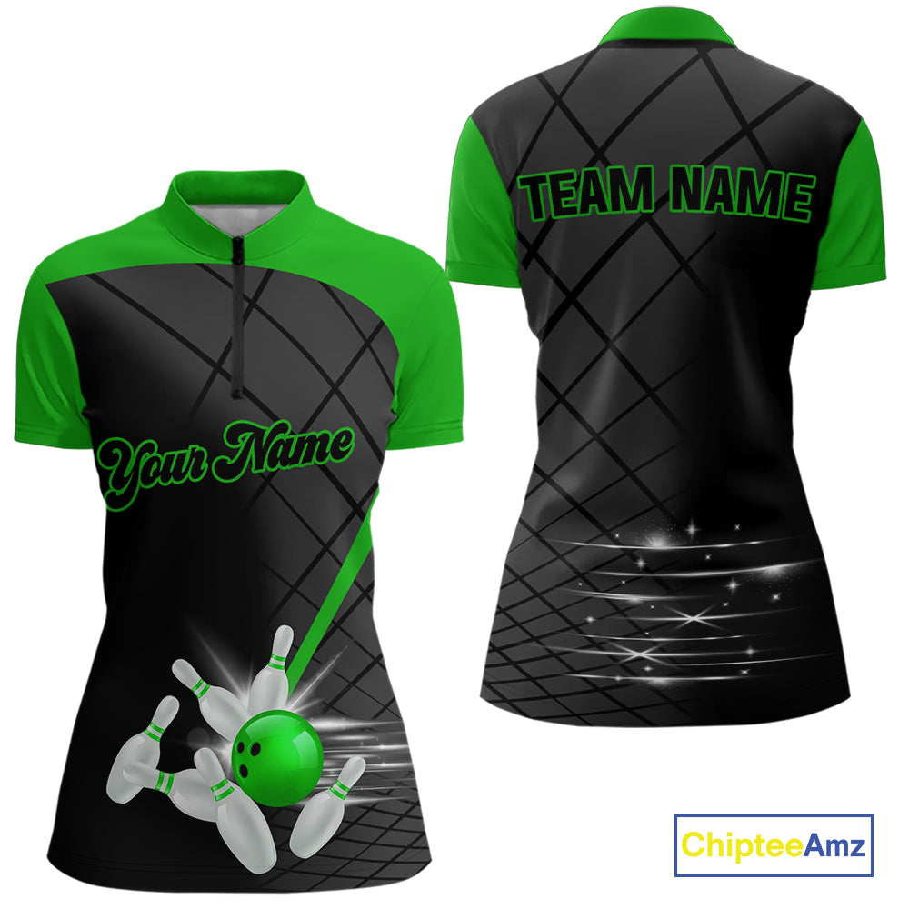 Black & Green bowling league jersey custom Women Bowling Polo, 1/4 zip Shirt, gifts for ladies bowler NQS10096