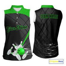 Load image into Gallery viewer, Black &amp; Green bowling league jersey custom Bowling sleeveless polo Shirt, gifts for ladies bowler NQS10096