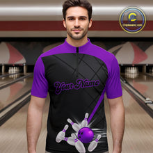 Load image into Gallery viewer, Black and Purple bowling league jersey custom Mens Bowling Polo, 1/4 zip Shirt, gifts for men bowler NQS10097
