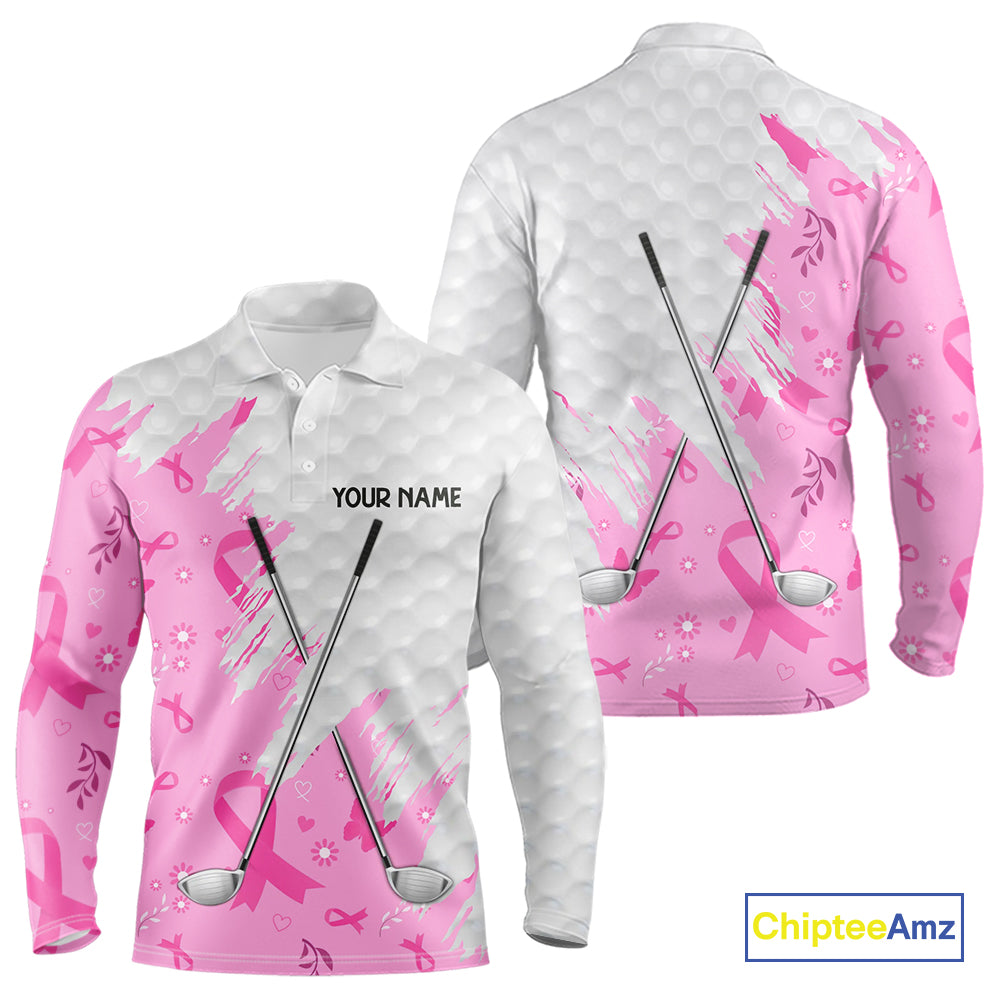 Pink ribbon breast cancer pattern custom name white Mens golf polo shirts, team golf tops for men NQS10421