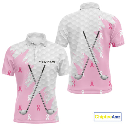 Light Pink ribbon breast cancer pattern custom white Mens golf polo shirts, team golf clubs mens tops NQS10422