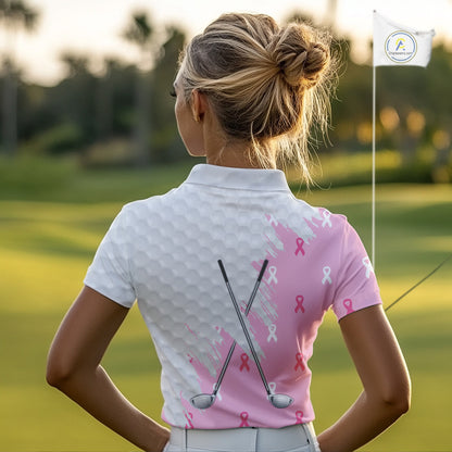 Light Pink ribbon breast cancer pattern custom white Women golf polo shirt, team ladies golf top NQS10422