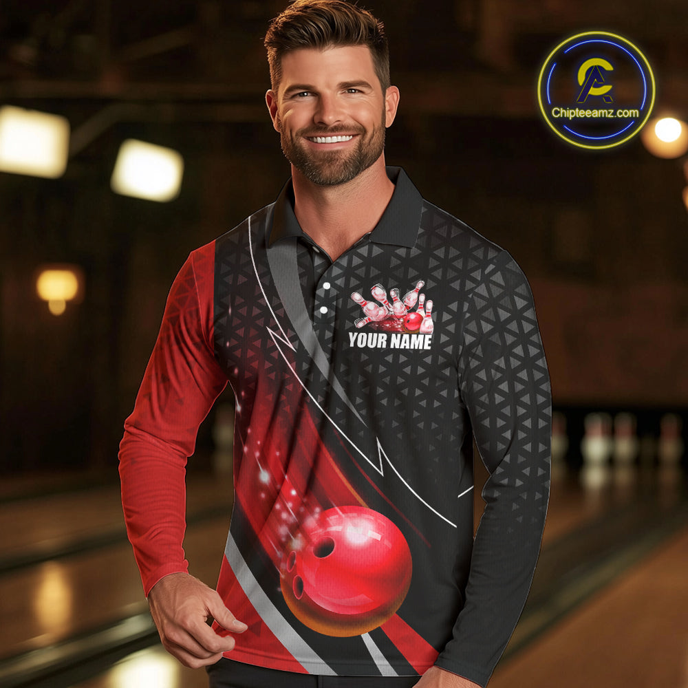 Black and Red Bowling Camo Polo, 1/4 Zip Shirt for Men Custom Team Bowling jerseys, Bowler Outfit NQS10424