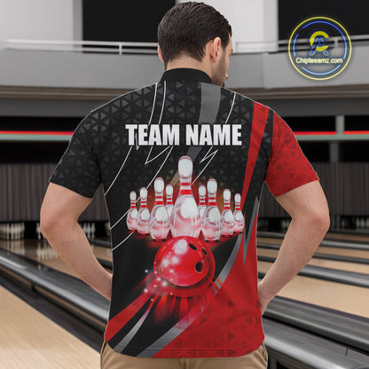 Black and Red Bowling Camo Polo, 1/4 Zip Shirt for Men Custom Team Bowling jerseys, Bowler Outfit NQS10424