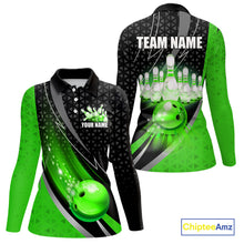 Load image into Gallery viewer, Black and Green Bowling Camo Polo, 1/4 Zip Shirt for Women Custom Team Bowling jerseys, Bowler Outfit NQS10425