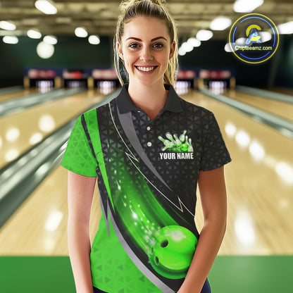 Black and Green Bowling Camo Polo, 1/4 Zip Shirt for Women Custom Team Bowling jerseys, Bowler Outfit NQS10425
