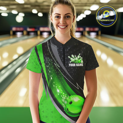 Black and Green Bowling Camo Polo, 1/4 Zip Shirt for Women Custom Team Bowling jerseys, Bowler Outfit NQS10425
