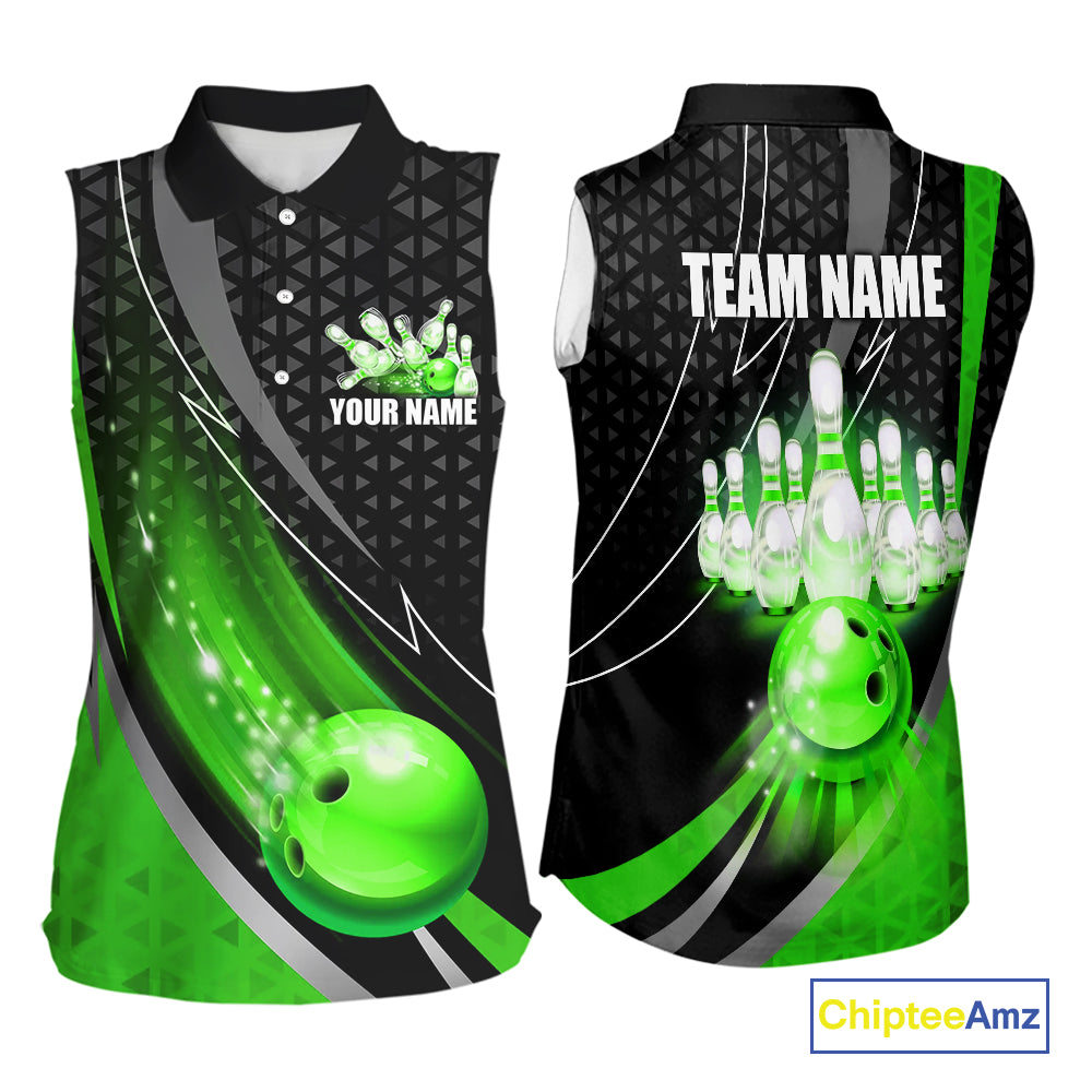Black and Green Bowling Camo Sleeveless polo Shirt Custom Team Bowling jerseys, Bowler Outfit NQS10425