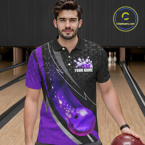 Black and Purple Bowling Camo Polo, 1/4 Zip Shirt for Men Custom Team Bowling jerseys, Bowler Outfit NQS10426