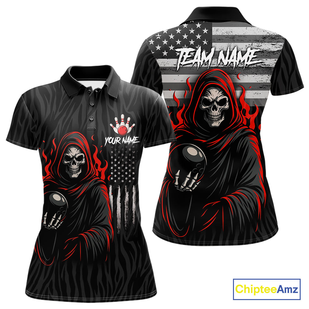 Black & White Camo American Flag Red Flame Skull Reaper Women Bowling Shirt Custom Team Bowling Shirt NQS10852