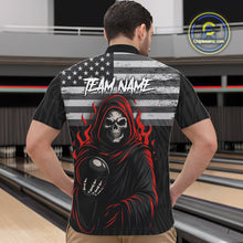 Load image into Gallery viewer, Black &amp; White Camo American Flag Red Flame Skull Reaper Mens Bowling Shirt Custom Team Bowling Jersey NQS10852