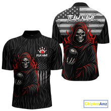 Load image into Gallery viewer, Black &amp; White Camo American Flag Red Flame Skull Reaper Mens Bowling Shirt Custom Team Bowling Jersey NQS10852