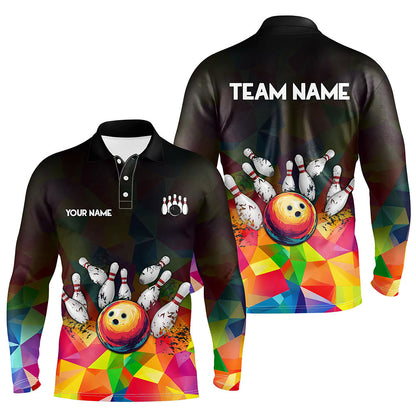 Colorful pattern and black Custom Bowling Polo, Quarter Zip Shirts For Men, Bowling Team Jerseys NQS9151