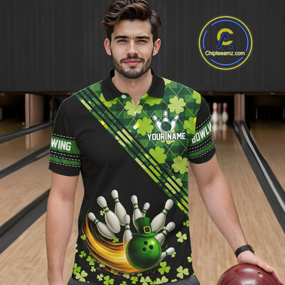 Black and Green shamrock argyle pattern Bowling Shirts For Men Custom St Patrick Team Bowling Jerseys NQS11237