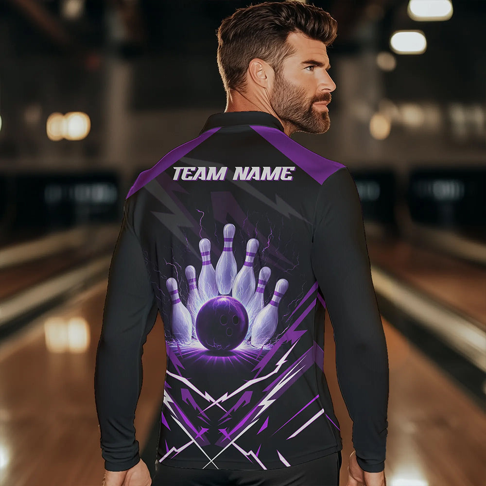Black and Purple Lightning thunder Bowling Polo, Quarter Zip shirts for Men Custom Bowling Team Jersey NQS9358