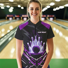 Load image into Gallery viewer, Black and Purple Lightning thunder Women Bowling Polo, Quarter Zip shirts Custom Bowling Team Jersey NQS9358