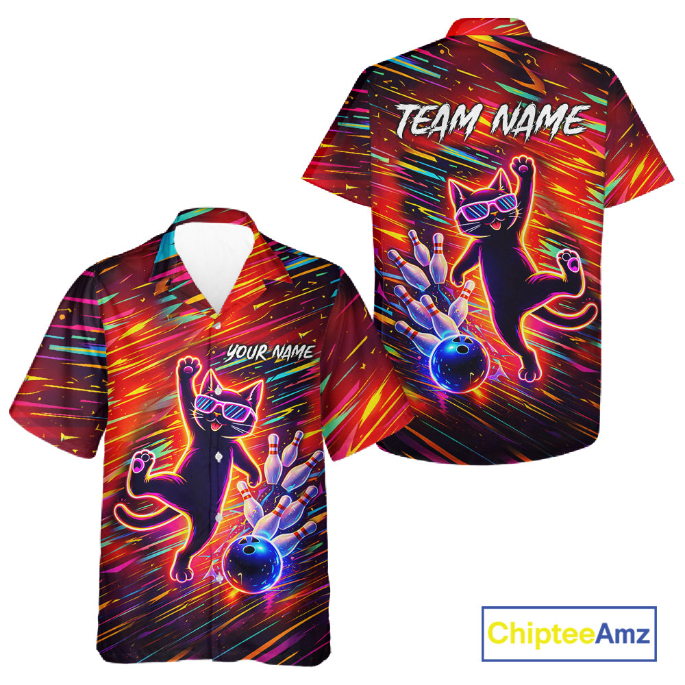 Funny Colorful Neon Cat Hawaiian Bowling Jerseys custom Button up Bowling Team League Shirt NQS11429