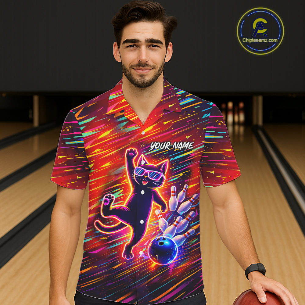 Funny Colorful Neon Cat Hawaiian Bowling Jerseys custom Button up Bowling Team League Shirt NQS11429
