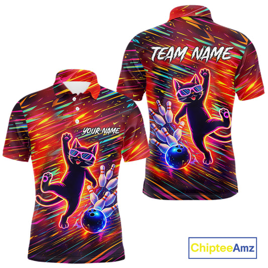 Funny Colorful Neon Cat Bowling Polo shirt, 1/4 zip shirts for men custom Bowling Team League Shirts NQS11429