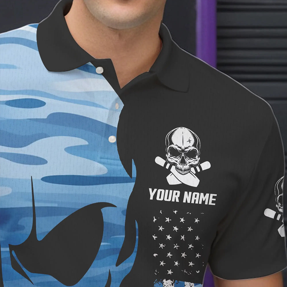 Blue Camo Skull American Flag Mens Bowling Shirts Custom Patriotic Bowling Team Jerseys For Men NQS9507