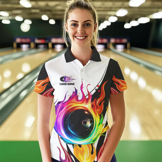 Colorful Flame Bowling Polo, Quarter Zip Shirts for Women Custom Fire Team Bowling jerseys NQS9675