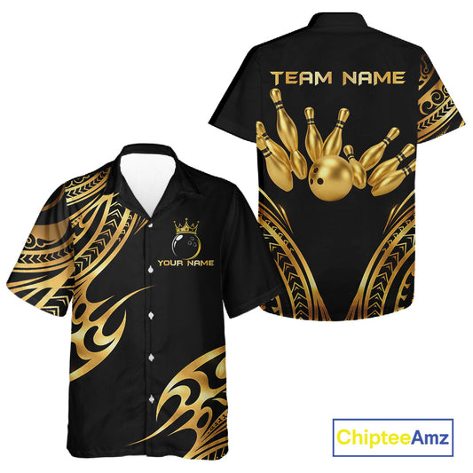 Black and Gold tribal pattern Bowling Button-up Shirts Custom Bowling Team Jerseys NQS11732