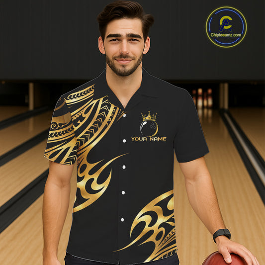 Black and Gold tribal pattern Bowling Button-up Shirts Custom Bowling Team Jerseys NQS11732