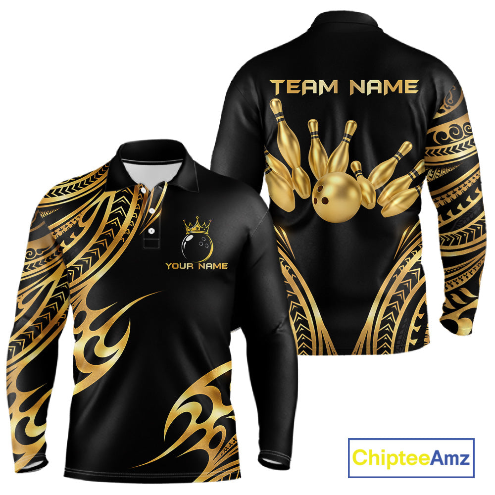 Black and Gold tribal pattern Bowling Polo, Quarter Zip Shirts For Men Custom Bowling Team Jerseys NQS11732