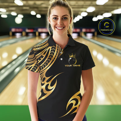 Black and Gold tribal pattern Bowling Polo, Quarter Zip Shirts For Women Custom Bowling Team Jerseys NQS11732