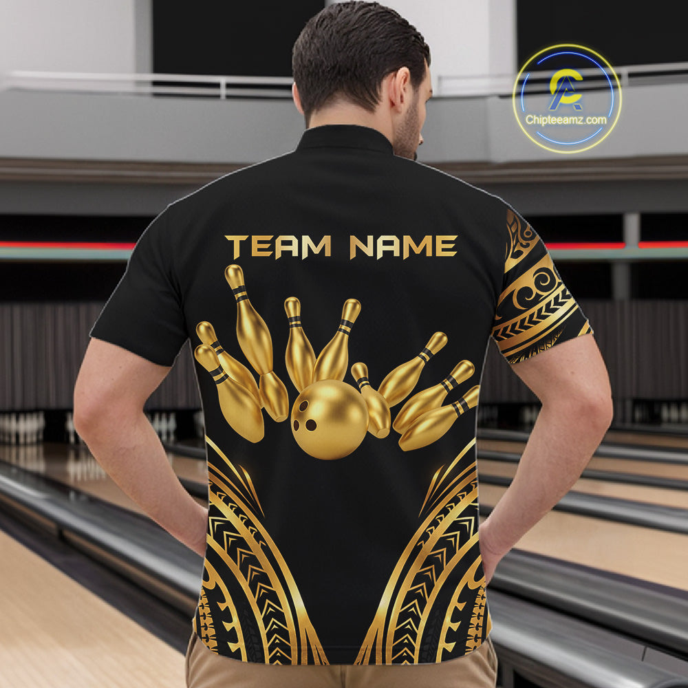 Black and Gold tribal pattern Bowling Polo, Quarter Zip Shirts For Men Custom Bowling Team Jerseys NQS11732