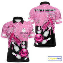 Load image into Gallery viewer, Black and Pink ribbon glitter Bowling Shirts For Men Custom breast cancer team bowling jerseys NQS9950
