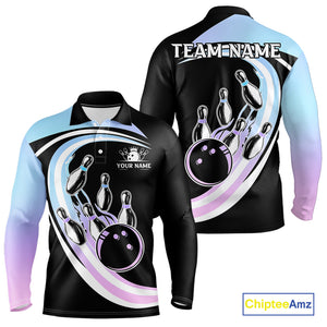 Blue Purple Gradient Bowling Shirts For Men Custom Bowling Team League Jersey, Gift For Bowler NQS10432