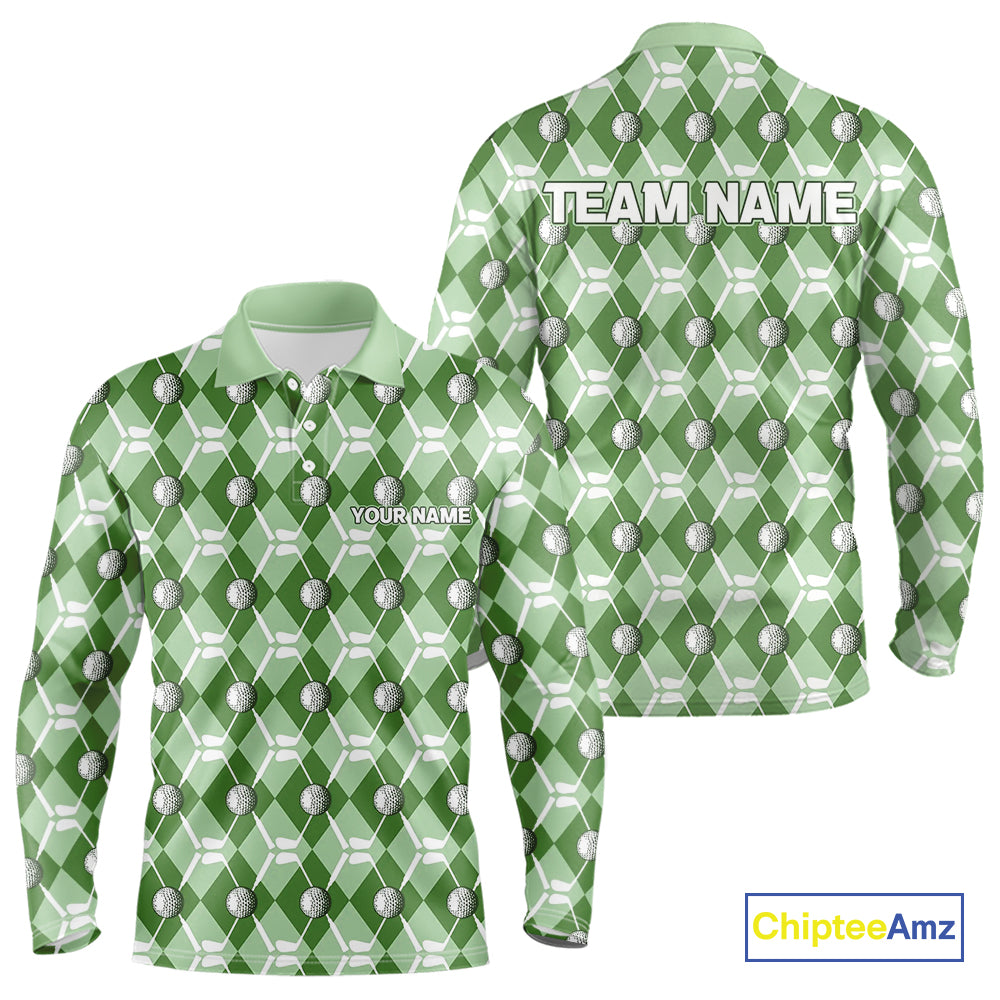 Mens golf polo shirts custom green argyle plaid pattern golf attire for men, golfer gifts NQS10435