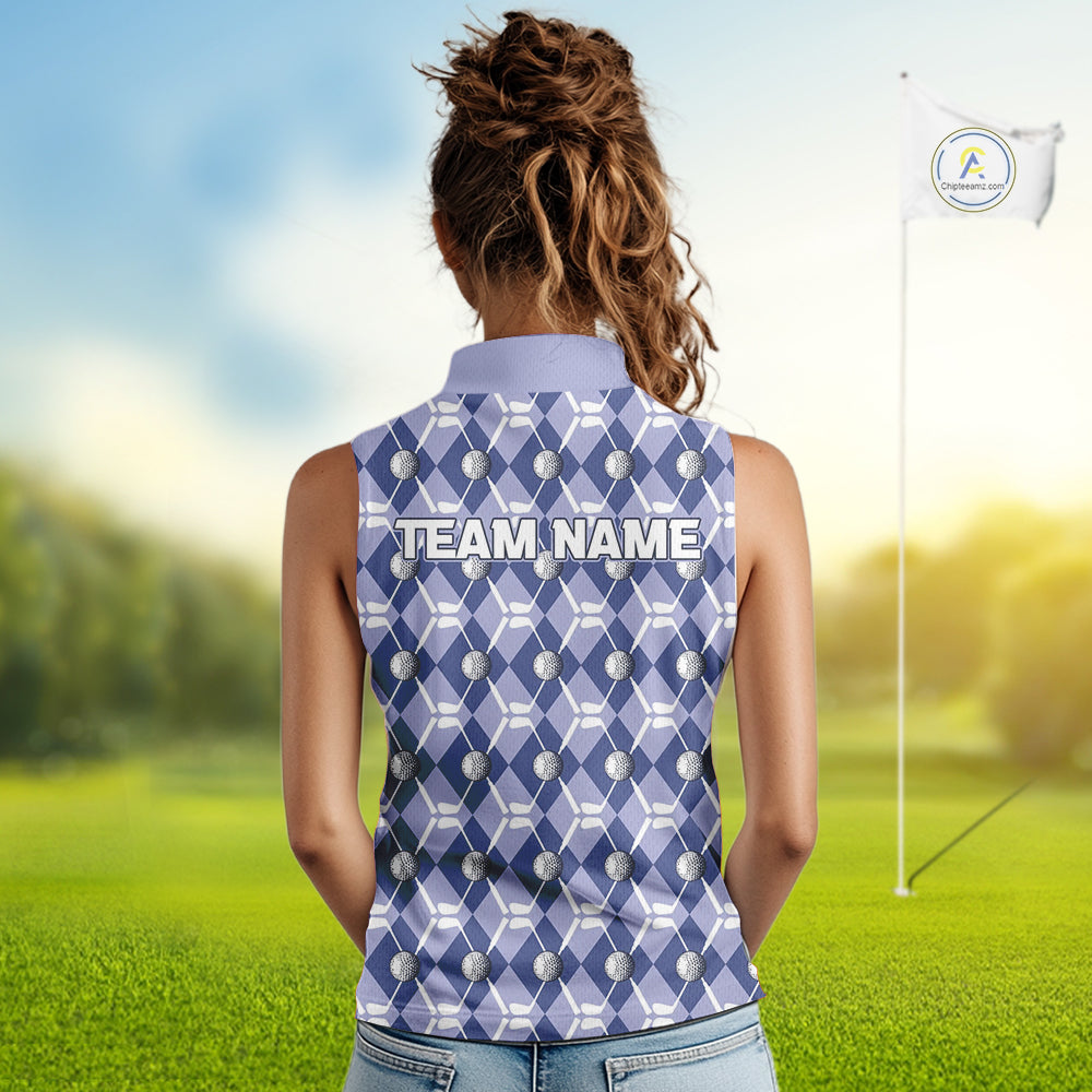 Women sleeveless polo shirt custom blue argyle plaid pattern golf attire for ladies, golfer gifts NQS10434
