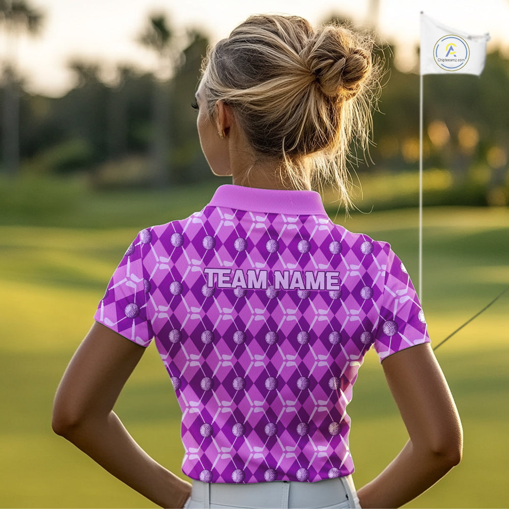 Women golf polo shirts custom light purple argyle plaid pattern golf attire for ladies, golfer gifts NQS10437