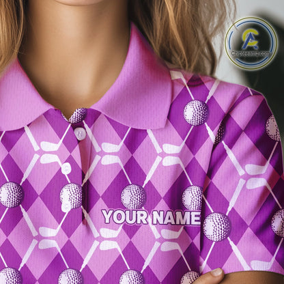 Women golf polo shirts custom light purple argyle plaid pattern golf attire for ladies, golfer gifts NQS10437