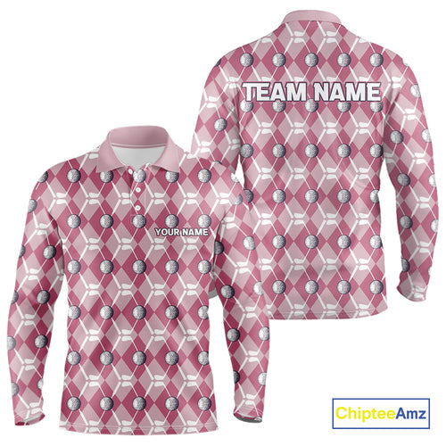 Mens golf polo shirts custom pink argyle plaid pattern golf attire for men, golfer gifts NQS10443