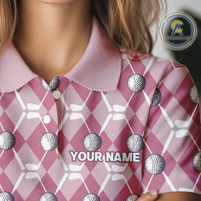 Women golf polo shirts custom pink argyle plaid pattern golf attire for ladies, golfer gifts NQS10443