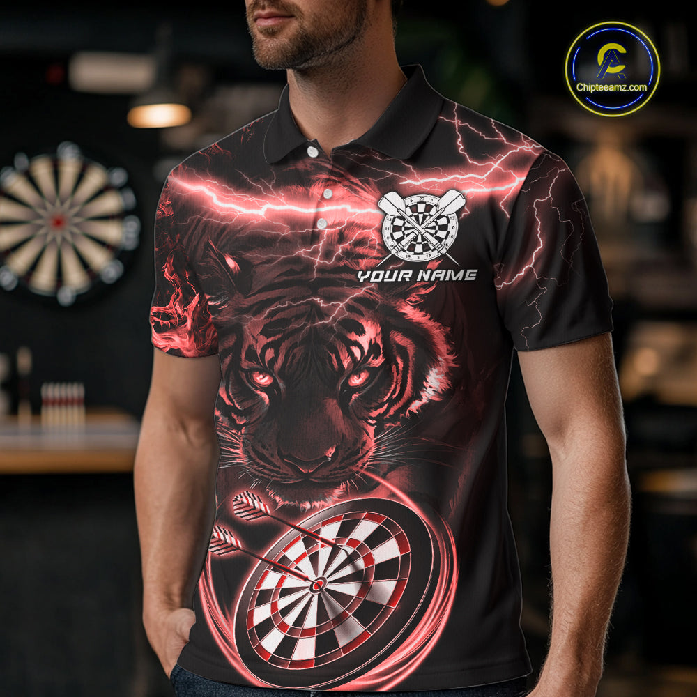 Personalized Red Lightning Thunder Storm Tiger Darts Shirts For Men Custom Dart Team Jerseys NQS10442