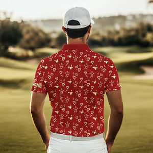 Gold Heart Red pattern Mens golf polo shirts custom Valentines golf gift for him  NQS9368