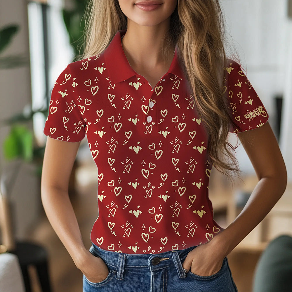 Gold Heart Red pattern Women golf polo shirt custom Valentines golf gift for her NQS9368